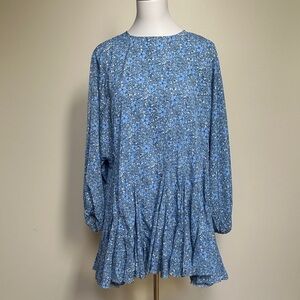 Chicwish Blue Floral Long Sleeve Mini Dress Ruffle Hem Size M
